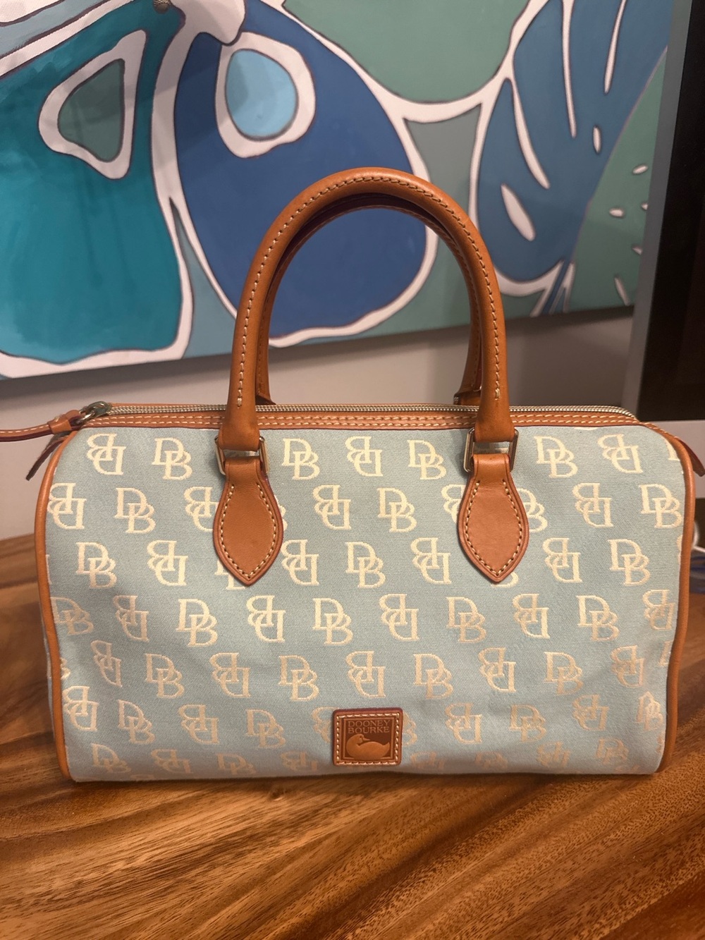 Dooney & Bourke Light Blue Signature Satchel with Brown Leather Trim